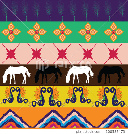 Seamless pattern with trees ornaments horses and chevron Seamless pattern with trees ornaments horses and chevron 108582473