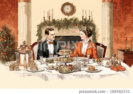 Vintage illustration of a family Christmas dinner 108582531