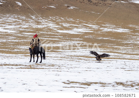 Male hunter on a horse with his back to the camera trains a golden eagle. Eagle hunters are people who train and hunt with golden eagles in Mongolia. A traditional sport in Kazakhstan and Mongolia. 108582671