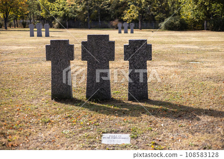 Stone tombstones in the German cemetery in the fall. Beautiful German cemetery near Kyiv. Many dead German soldiers of the dead during the 2nd World War. 108583128