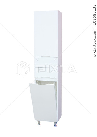 Beautiful white closet on a white background. A cabinet in the kitchen or in the bathroom. Beautiful design in the house. 108583132