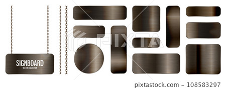 Metal banners hanging on a chain. Realistic shiny steel plate with screws. Polished rusty metal surface. Vector illustration 108583297