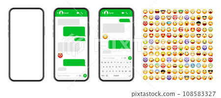 Smartphone messaging app, user interface design with emoji. SMS text frame. Chat screen with green message bubbles. Texting app for communication. Social media application. Vector illustration 108583327