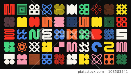 Brutalist geometric shapes, symbols. Simple primitive elements and forms. Bauhaus retro design, trendy contemporary minimalist style. Vector illustration Brutalist geometric shapes, symbols. Simple primitive elements and forms. Bauhaus retro design, trendy contemporary minimalist style. Vector illustration 108583341