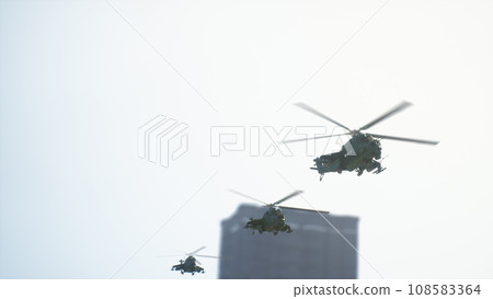 Yellow helicopter during a rescue operation in the city. 3d render Yellow helicopter during a rescue operation in the city. 3d render 108583364