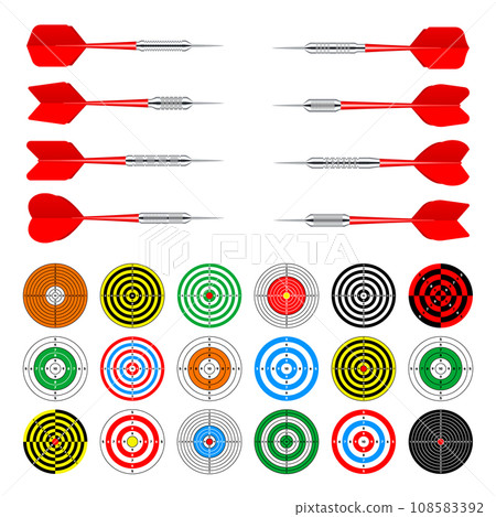 Paper targets with dart arrows. Shooting range round target, divisions, marks and numbers. Gun shooting practise and training, sport competition, hunting. Bullseye and aim. Vector illustration 108583392