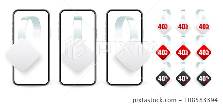 Supermarket promotional wobblers and smartphone. Realistic wobbler for shelf advertising. Sale, percent discount label. Special offer price tag. Online, web shop concept. Vector illustration 108583394