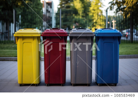Colored garbage cans for sorting garbage. Generative AI Colored garbage cans for sorting garbage. Generative AI 108583469