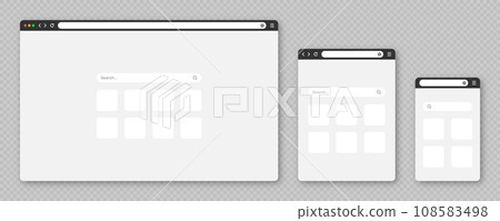 Blank web browser window with tab, toolbar and search field. Modern website, internet page in flat style. Browser mockup for computer, tablet and smartphone. Vector illustration Blank web browser window with tab, toolbar and search field. Modern website, internet page in flat style. Browser mockup for computer, tablet and smartphone. Vector illustration 108583498