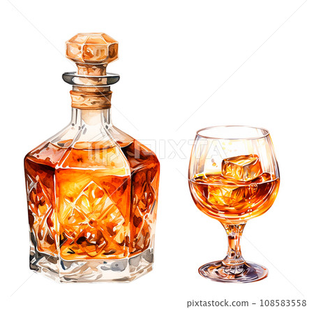 bottle and glass with whiskey, cognac. vintage watercolor illustration with alcohol bottle and glass with whiskey, cognac. vintage watercolor illustration with alcohol 108583558