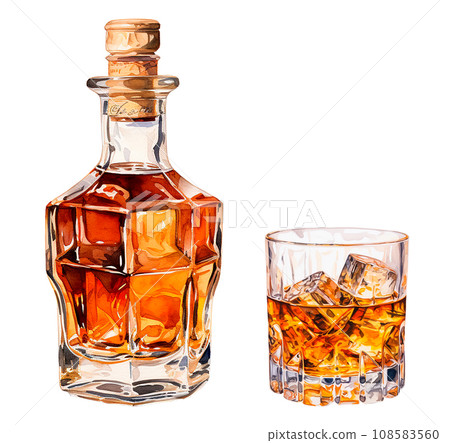 bottle and glass with whiskey, cognac. vintage watercolor illustration with alcohol bottle and glass with whiskey, cognac. vintage watercolor illustration with alcohol 108583560