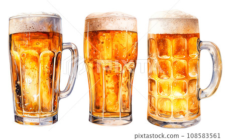 set of glass mugs with beer. vintage watercolor illustration with glasses of beer, bar, oktoberfest 108583561