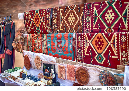 View of an open-air souvenir shop located along the Siq Canyon in the city of Petra, Jordan. 108583690
