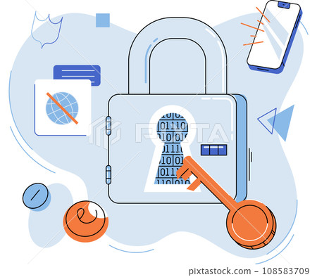 Data protection, secure safety technology, encryption, protection, privacy concept. Padlock and key, lock with password. Personal information protection. Cyber security, protected access control Data protection, secure safety technology, encryption, protection, privacy concept. Padlock and key, lock with password. Personal information protection. Cyber security, protected access control 108583709