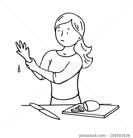 A woman cut her hand with a knife in the kitchen 108583836