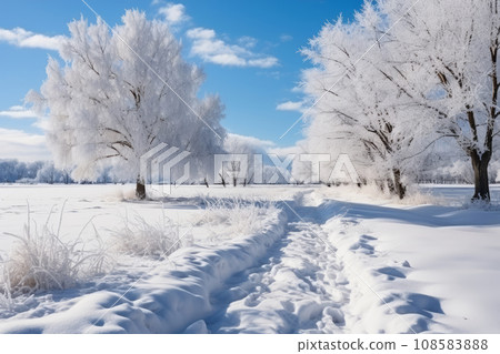 Winter park in snow. Cold snowy weather. Generative AI Winter park in snow. Cold snowy weather. Generative AI 108583888
