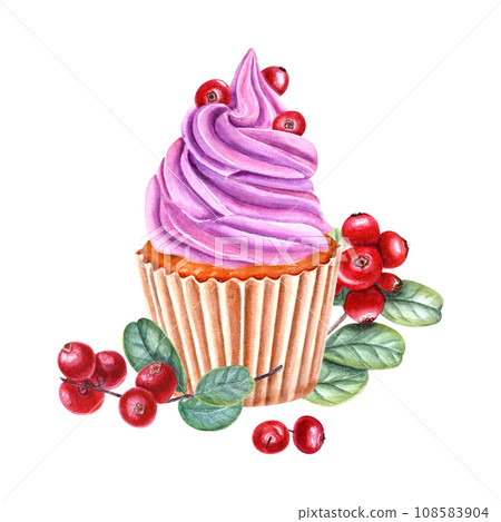 Cupcake in paper wrapper. Muffin decorated with pink cream, red berries. Baked cake, cranberry. Cowberry, lingonberry, Watercolor illustration for package, menu, recipe, label or cookbook 108583904