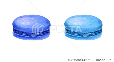 Traditional French macarons. Blue almond cookies, macaroon cake. Sweet berry, fruit dessert. Delicious sweetness with cream. Watercolor illustration for package, menu, recipe, label, gift box 108583906