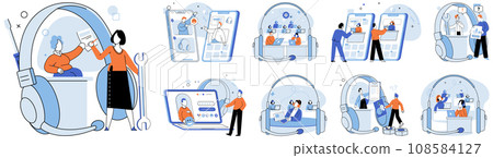 Support service. Vector illustration. Sending message allows customers to communicate their issues to support The support team provides valuable guidance to customers Technological advancements Support service. Vector illustration. Sending message allows customers to communicate their issues to support The support team provides valuable guidance to customers Technological advancements 108584127