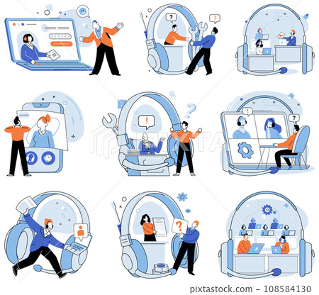 Customer care. Vector illustration. A customer care adviser provides expert guidance and recommendations Technical knowledge is essential for delivering efficient customer care services The internet Customer care. Vector illustration. A customer care adviser provides expert guidance and recommendations Technical knowledge is essential for delivering efficient customer care services The internet 108584130