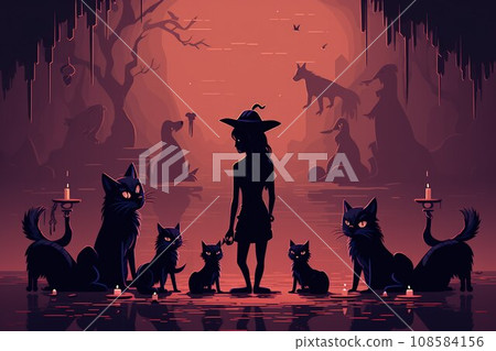 Scheming witches' familiars, such as cunning black cats - Generative AI 108584156