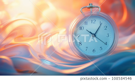 A clock is sitting on a table with some swirls, AI 108584546