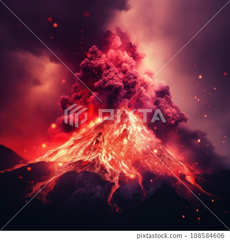 Volcano erupting in the sky with smoke and lava, AI 108584606