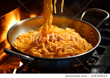 Pot with freshly cooked steaming pasta 108584610
