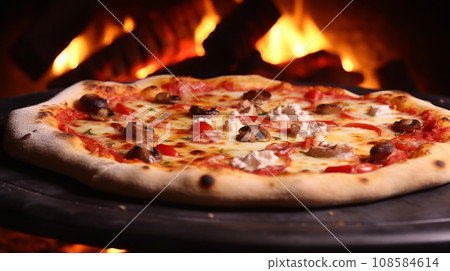 Pepperoni pizza close to charcoal oven on black background. 108584614