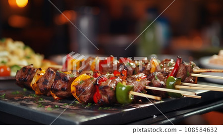 Fast food. Eastern food. Shish kebab, lyulya-kebab, shaverma, pita gyros 108584632