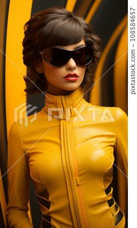 Young brunette woman in a yellow leather jacket and sunglasses  108584657