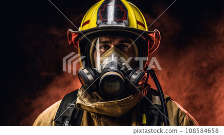 close-up of a rescue worker or firefighter wearing a mask and helmet close-up of a rescue worker or firefighter wearing a mask and helmet 108584658