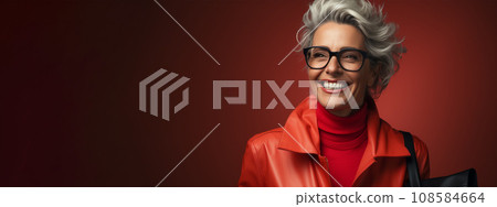 stylish gray-haired woman about 50 wearing glasses and a red leather jacket stylish gray-haired woman about 50 wearing glasses and a red leather jacket 108584664