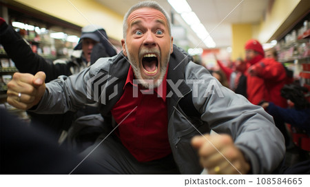 Midnight shopping on Black Friday, when shoppers fight for the opportunity to be the first to get into the store and buy goods at a discount Midnight shopping on Black Friday, when shoppers fight for the opportunity to be the first to get into the store and buy goods at a discount 108584665