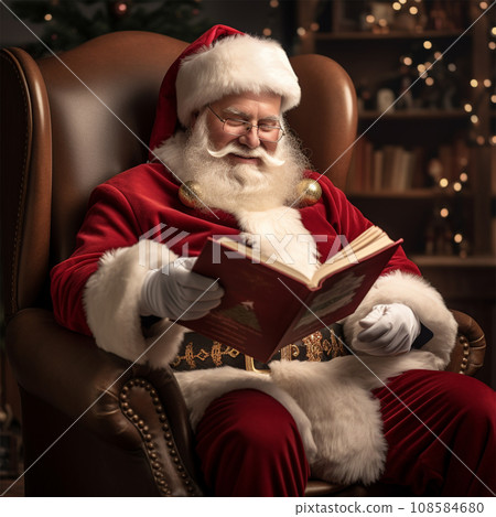 Santa Claus with a book sits in a chair in a room with a fireplace ear concept Santa Claus with a book sits in a chair in a room with a fireplace ear concept 108584680