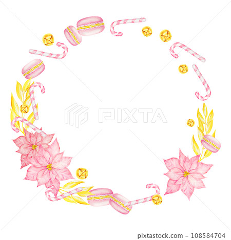 Pink poinsettia, gold branches, bells, New Year's candy canes, macarons. Watercolor hand drawn wreath with Christmas star. Winter symbol for holiday season prints, greeting cards, banner, invitations Pink poinsettia, gold branches, bells, New Year's candy canes, macarons. Watercolor hand drawn wreath with Christmas star. Winter symbol for holiday season prints, greeting cards, banner, invitations 108584704