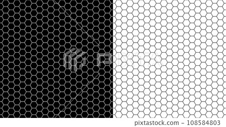 Monochrome geometric seamless background with hexagon pattern. Black grid on a white background and the same white grid on the black side. 108584803