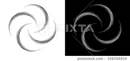 Modern abstract background. Halftone dots in circle form. Round logo, design element or icon. Vector dotted frame. A black figure on a white background and an equally white figure on the black side. 108584834