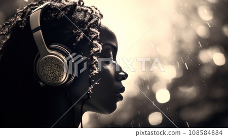 A woman with headphones listening to music, AI 108584884