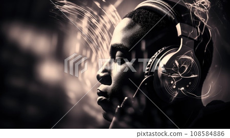 A young man wearing headphones and looking away, AI A young man wearing headphones and looking away, AI 108584886