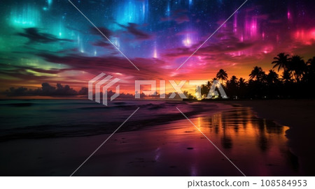 A colorful sprites or aurora borealis lights the sky over a beach, AI 108584953