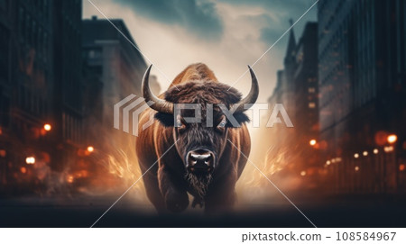 A bison is walking down the street in a city, AI A bison is walking down the street in a city, AI 108584967