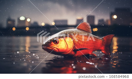 A red fish in the water with a city skyline behind it, AI 108584968