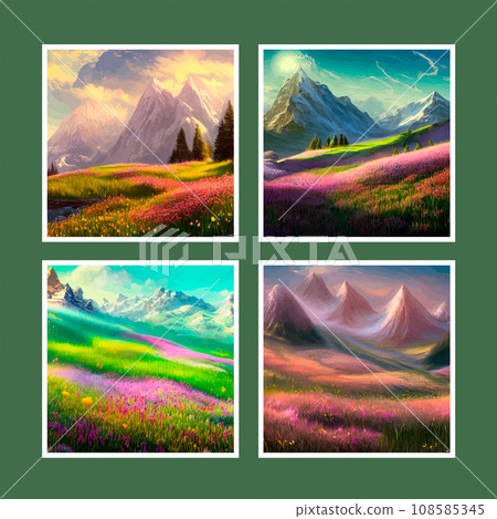 Spring landscape in village with green field and sunset set of four posters, flat cartoon countryside with mountain and forest, blue sky, natural countryside scene, sunny day summer Spring landscape in village with green field and sunset set of four posters, flat cartoon countryside with mountain and forest, blue sky, natural countryside scene, sunny day summer 108585345