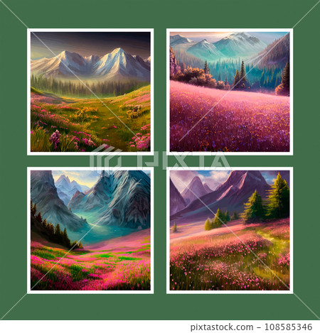 Spring landscape in village with green field and sunset set of four posters, flat cartoon countryside with mountain and forest, blue sky, natural countryside scene, sunny day summer Spring landscape in village with green field and sunset set of four posters, flat cartoon countryside with mountain and forest, blue sky, natural countryside scene, sunny day summer 108585346