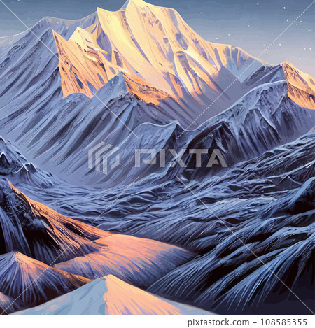 Realistic illustration mountain landscape with a hill forest with coniferous trees, under blue winter sky with space for text. Gray mountains forest retro vintage background illustration. 108585355