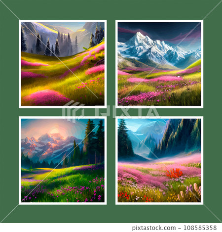 Spring landscape in village with green field and sunset set of four posters, flat cartoon countryside with mountain and forest, blue sky, natural countryside scene, sunny day summer 108585358