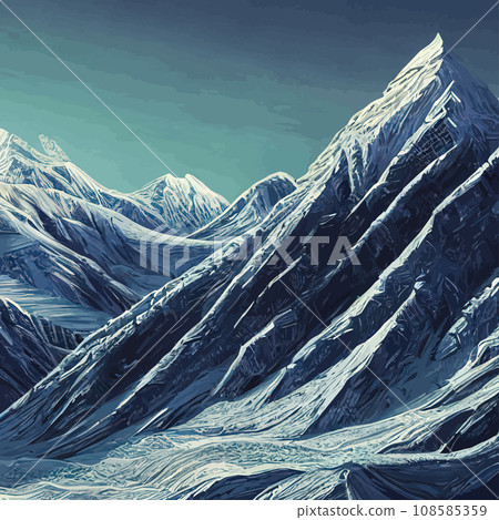 Realistic illustration mountain landscape with a hill forest with coniferous trees, under blue winter sky with space for text. Gray mountains forest retro vintage background illustration. Realistic illustration mountain landscape with a hill forest with coniferous trees, under blue winter sky with space for text. Gray mountains forest retro vintage background illustration. 108585359