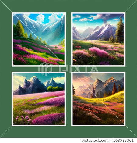 Spring landscape in village with green field and sunset set of four posters, flat cartoon countryside with mountain and forest, blue sky, natural countryside scene, sunny day summer Spring landscape in village with green field and sunset set of four posters, flat cartoon countryside with mountain and forest, blue sky, natural countryside scene, sunny day summer 108585361
