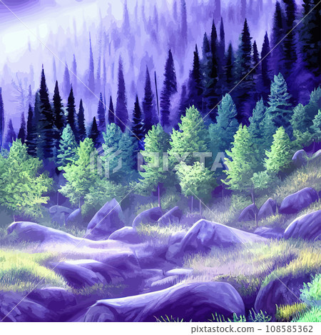 Nature and landscape. illustration trees, forests, mountains, plants. Image for background, card or cover. Illustration. Natural landscape with spruce trees. Modern minimal abstract background Nature and landscape. illustration trees, forests, mountains, plants. Image for background, card or cover. Illustration. Natural landscape with spruce trees. Modern minimal abstract background 108585362